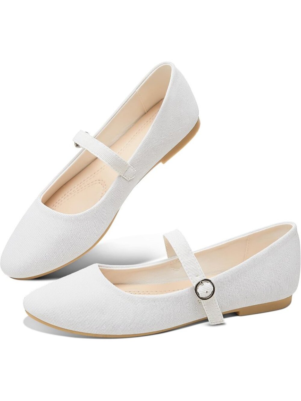 Women's White Mary Jane Round Toe Ballet Flats Classic Strap Dressy Fabric Shoes